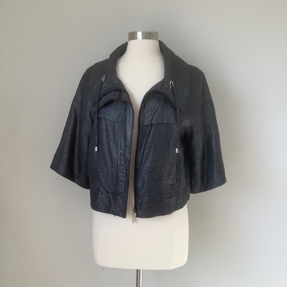 $198 Sandro  Linen Blend Metallic Cropped Swing Moto Jacket M - Picture 10 of 16